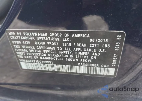 2013 Volkswagen Passat 2.5L Wolfsburg Edition из США, поврежденный, VIN 1VWAH7A31DC150831